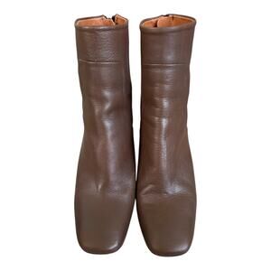 Topshop Brown Leather Ankle Boots 38 Retro 70s Mod Square Toe Block Heel